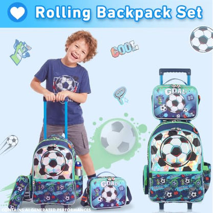 Kids Backpack for Boys with Lunch Box, Rolling Backpack with Wheels, Cute Soccer Kids Roller Elementary SchoolBag Middle-School Bookbag Back to School Gift - color: L23. Soccer