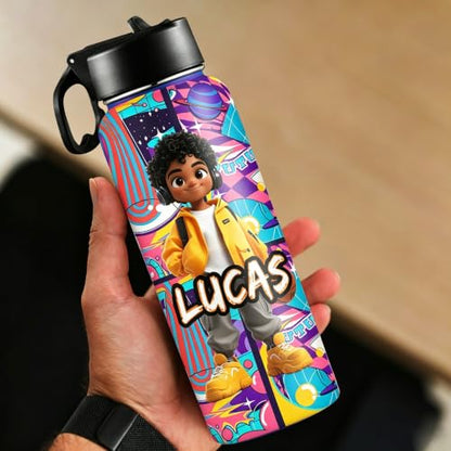 D-Story Personalized Kids Water Bottle with Straw Lid - 18 oz Leak-Proof Stainless Steel Insulated Flask, Back to School Birthday Gifts for Boys - color: Boy's Style