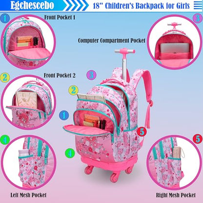 Kids Rolling Backpack for Girls Doughnuts Suitcases Trolley Roller Luggage Backpacks with 360° Rotating Wheels 15" Laptop Lunch Box Pencil Case for Elementary 18" Travel School Bag Pink - color: Pink-tiantianquan-1220