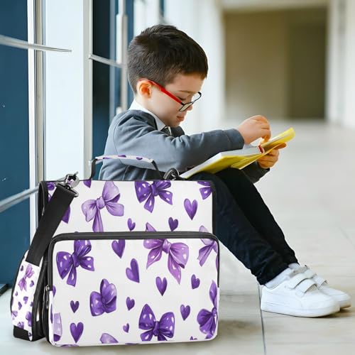 Caikeny 3 Ring Zipper Binder Purple Bows Kawaii Hearts 1.5 inch Binders Bag Coquette Expanding File Pockets with Shoulder Strap and Handle - color: Multicolored 1z83.4