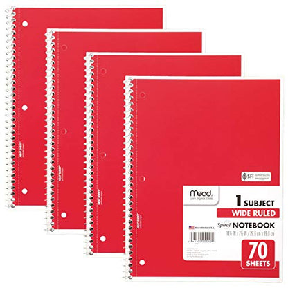 Mead Spiral Notebooks, 4 Pack, 1-Subject, Wide Ruled Paper, 10-1/2" x 7-1/2", 70 Sheets per Notebook, Red (38112) - color: Red, size: Pack of 4
