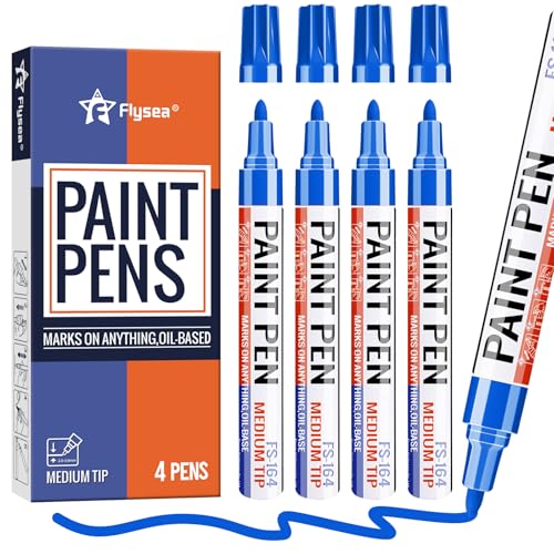 Blue Paint Pens Permanent Marker Pen 4 Pcs Waterproof Oil Based Paint Markers 3mm Medium Round Tip Quick-drying Paint Marker Pens for Rock Painting, Black Paper, Metal, Tyre, Glass, Wood - color: Blue