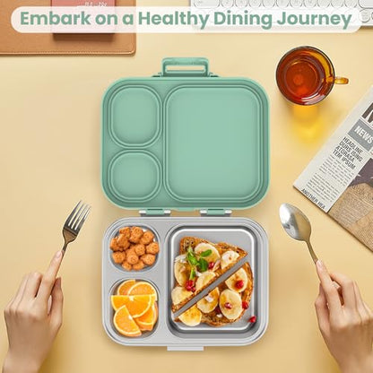 Pawtong Stainless Steel Bento Lunch Box for Kids | 3-Compartment Lunch Box Container Kids | 100% Leakproof, Eco-Friendly, Perfect Portion Control for Kids&Adult Healthy Meals (Green) - color: Green