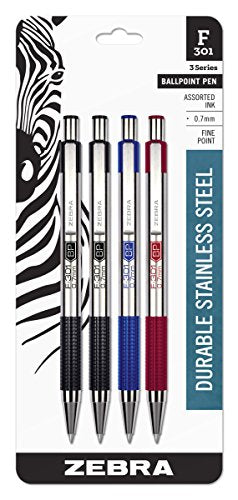 Zebra Pen F-301 STEEL Ballpoint Pen, Black/Blue/Red Ink, 0.7mm, 4-Pack - color: Assorted A