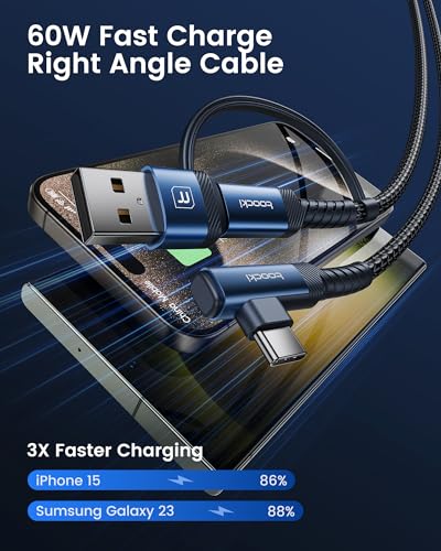 toocki 60W USB C to USB C Cable (2-Pack 6.6FT), Right Angle Fast Charging USB A to USB C Charger Cable Compatible with iPhone15 Pro Max/Plus/MacBook Air/Samsung S25 Ultra/S22 Note 20 - size: 6.6FT+6.6FT