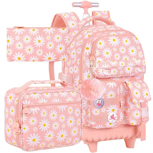 WZLVO 3PCS Rolling Backpack for Girls, Water Resistance Roller Bookbag, Women Aesthetic Wheeled School Bag Set with Lunch Bag & Pencil Bag for Teens & Kids - Pink Chrysanthemum - color: 3pcs Girls Rolling Backpack - Pink Chrysanthemum