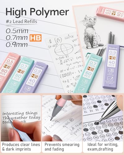 Nicpro 6PCS Pastel Mechanical Pencil Set, Cute Mechanical Pencils 0.5 mm & 0.7 mm & 0.9 mm with 360PCS HB Lead Refills, Eraser, Eraser Refill for Student Writing Drawing Sketching Drafting with Case - style: 6 Pack (0.5mm+0.7mm+0.9mm)