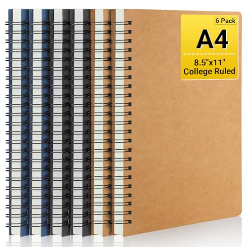 EUSOAR Spiral Journaling Notebooks, 6 Packs A4 11" x 8.5" College Ruled Notebook, 120 Pages Hardcover Paper Notebook Journals for Women Men Student Office School Traveling Diary-Black,Royal Blue,Kraft - color: Black/Royal Blue/Kraft, size: 6Packs