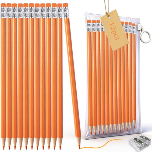 Adhere Orange Colored pencils12pcs Erasable Checking Pencils Pre-Sharpened #2 HB,for Checking Tests Grading,Map Coloring,editing Office Favors,including a Free sharpener - color: Orange