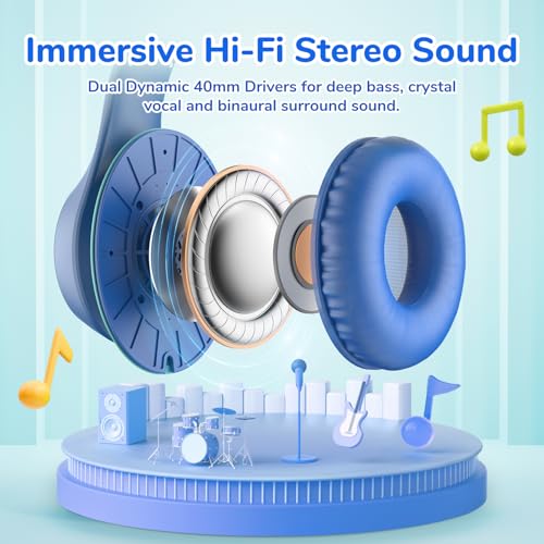 EarFun K3 Kids Headphones, Over Ear Headphones with Microphones, 85/94dB Safe Volume Limit, HD Stereo Sound, 3.5mm Jack, Foldable Wired Headphones for School/Travel/Boys/Girls/Tablet/iPad, Blue - color: Blue