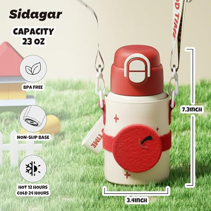 SDGA+ Kids Insulated Water Bottle with Shoulder Strap - 22 oz Kawaii Stainless Steel Tumbler with 3D Fuzzy Charm, Leak-Proof Flip Top & Vacuum Flask for School, Travel, BPA Free, Red - color: Red