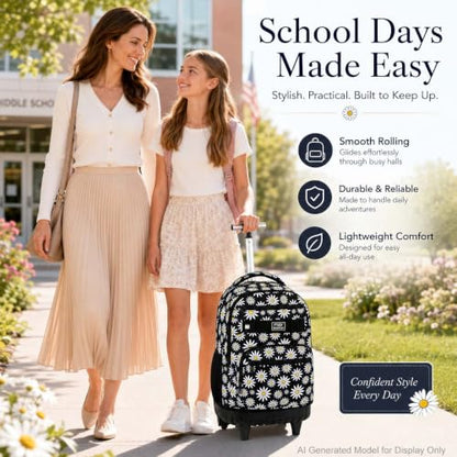 gxtvo Girls Rolling Backpack, Women Roller Bookbag with Lunch Box for Adults, Water Resistant Wheeled School Bag for College Teens Kids Travel - Black Flower - color: Chrysanthemum Black