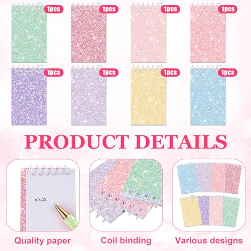 Sherr 16 Pcs Glitter Pens and Notebooks Set Mini Spiral Notepads Fancy Pens for Kids Girls Women Sparkly Sequins Journaling Ballpoint Christmas Birthday Gift Classroom Rewards(Light Color) - color: Light Color