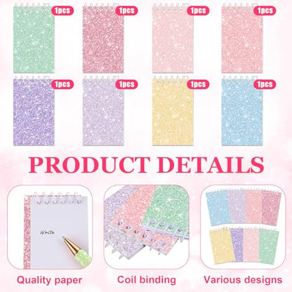 Sherr 16 Pcs Glitter Pens and Notebooks Set Mini Spiral Notepads Fancy Pens for Kids Girls Women Sparkly Sequins Journaling Ballpoint Christmas Birthday Gift Classroom Rewards(Light Color) - color: Light Color