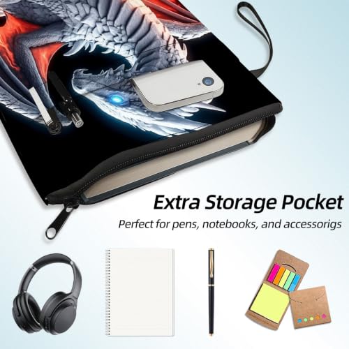 Padded Book Sleeve with Zipper & Front Pocket, Fabric Book Cover | Fantasy Ice Fire Dragon11.4"x8.7" Washable Canvas Pouch for Hardcovers, Tablets & Reading Accessories - color: Fantasy Ice Fire Dragon