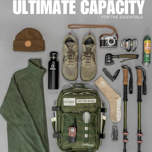 WOLFpak 45L Athletic Gym Backpack - Durable 1000D Waterproof Oxford Material with MOLLE Webbing, Laptop Pocket - color: Khaki