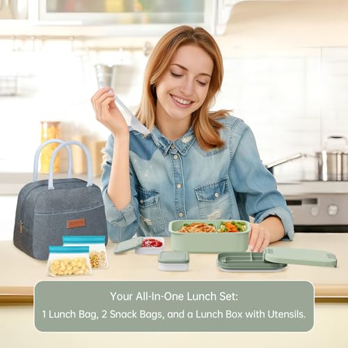 JBGOYON 4-in-1 Bento Box and Insulated Lunch Bag Set, Gray/Green | 6-hour insulation, 7.5 L lunch bag, leakproof 1.9 L container with 2 sauce cups, fork and spoon, 2 snack bags, BPA-fre - color: Light Green