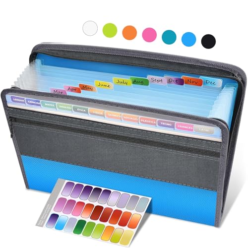 Sooez Accordion File Organizer with Safe Zipper, 12 Pocket Expanding File Folder with Front Pencil Pouch, Portable Monthly Paper Bill Tax Receipt Organizer, School Office Supplies, Letter Size, Blue - color: Blue, style: 12 Pockets
