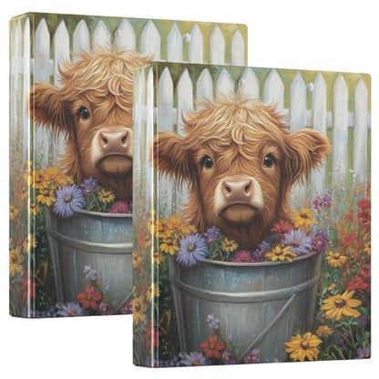 3 Ring Binder Highland Cow Flower 1.5 Inch Round Rings Holds 200 Sheets, Daily Women Men Office School Supplies 2 PCS - size: 2PCS