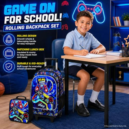 CCJPX 18" Gamer Rolling Backpack for Boys, 3PCS Kids Backpacks with Roller Wheels, Wheeled Bookbag with Lunch Box for Toddler Elementary School (Black) - color: Red Game