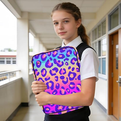 Neon Gradient Leopard Print Accordion File Organizer Expanding File Folder Zipper Binder 3 Ring with Handle 500 Sheets Capacity Document Organizer Storage Bag Multi Pockets Design