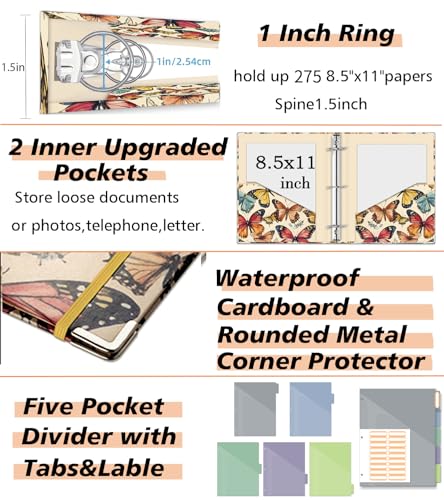 3 Ring 1 Inch Binder Organizer, KLLVE Three Ring Binders with Clipboard, 5-Tabs Pockets Dividers, Plastic Folder, 18 Divider Stikers,Pen Loop (Butterfly, Letter Size) - color: Butterfly, size: 1in（Letter Size）