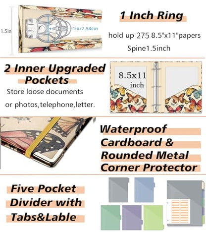 3 Ring 1 Inch Binder Organizer, KLLVE Three Ring Binders with Clipboard, 5-Tabs Pockets Dividers, Plastic Folder, 18 Divider Stikers,Pen Loop (Butterfly, Letter Size) - color: Butterfly, size: 1in（Letter Size）
