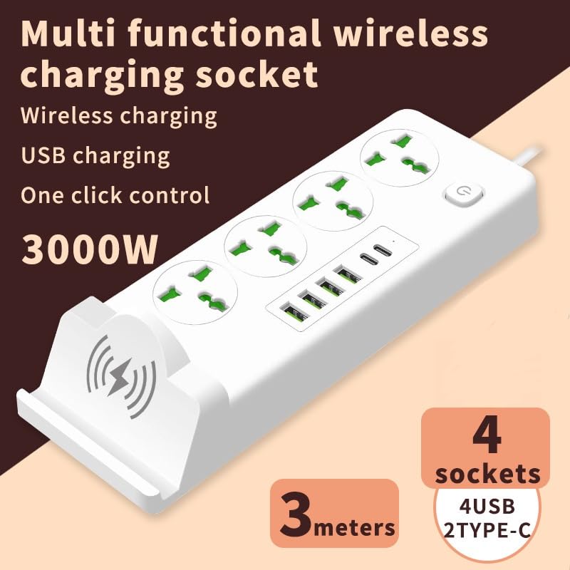 Universal Power Strip with 4 AC Outlets, 4*USB-A & 2*USB-C Ports, Fast Wireless Charging Stand, Surge Protector Extension Cord, Overload Protection Multi-Device Charging Station for Home & Office