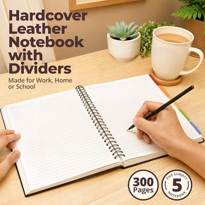 Hardcover Leather Lined Spiral Notebook 8x10" with Removable Dividers - Black - 300 Pages 5 Subject College Ruled Notebook for Work with Tabs, Pockets, and Pen Loop for Note Taking, Large Journal - color: Black