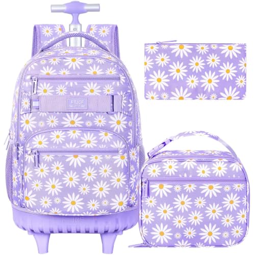 gxtvo Girls Rolling Backpack, Women Roller Bookbag with Lunch Box for Adults, Water Resistant Wheeled School Bag for College Teens Kids Travel - Purple Flower - color: Chrysanthemum Purple
