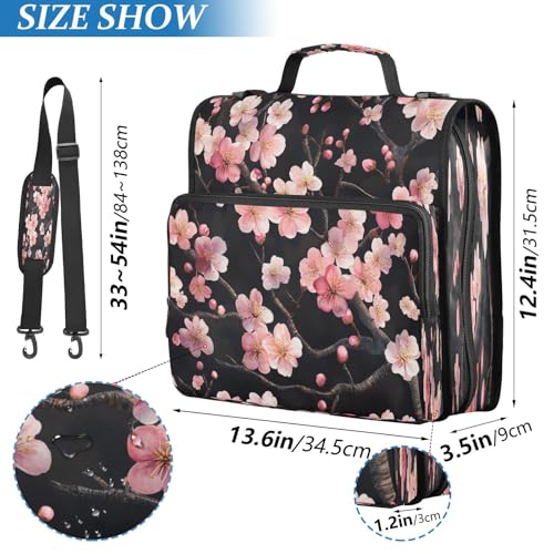 Zipper Binder Black Cherry Flower 1.5 inch 3 Ring Binder Bag with Multiple Pockets, 500 Sheet Capacity with Shoulder Strap