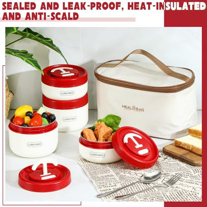 Dandat 4 Pcs Insulated Lunch Container, Portable Bento Box, Stainless Steel Lunch Box, Round Stackable Leakproof Thermal Food Container for Adult Men Women with Insulated Bag, 74 oz(Red) - color: Red