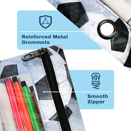 Soccer Pencil Pouch For 3 Ring Binder Clear Window Pencil Case For 3 Ring Reinforced Grommets With Zipper, 2 Pack - color: Soccer