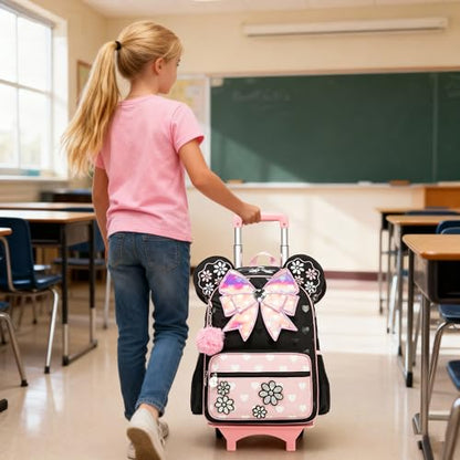 Meetbelify Girls Rolling Backpack with Wheels Kids Wheels Backpack for Girls - color: Bowknot Pink