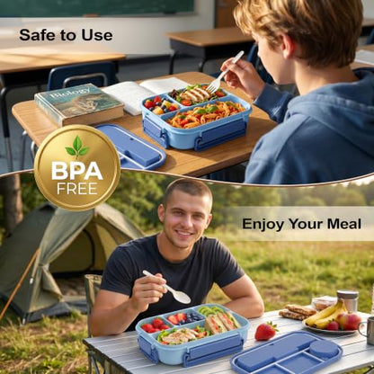 Bento Box Adult Lunch Box, Lunch Containers for Adults 44.5 Oz/5 Cup, Blue | BPA-Free, Lid-Top Sauce Tray, Leak-Proof, 1300mL, Removable Silicone Sealing Ring, Lid-Top Utensil Slot with Included Cutlery - color: Blue