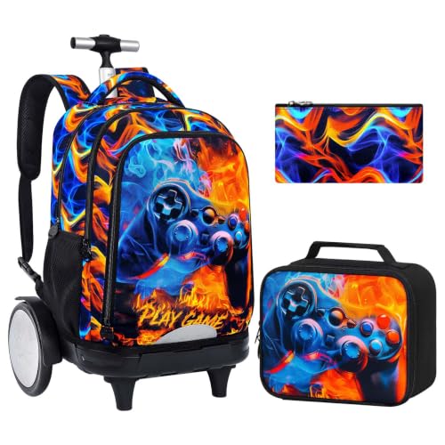 UFNDC Big Wheel Rolling School Backpack, Water-Resistant Boys Bag with Wheels & Lunch Box & Pencil Case, 3-Pack Kids Roller Bookbag Travel Set - Flame Game - color: Rolling Backpack Flame Game Orange