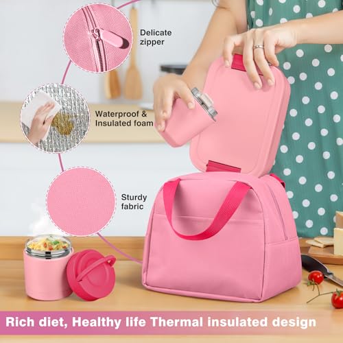 Bento Lunch Box Set with 10.5oz Soup Thermo Food Jar for Adults Kids, Stainless Steel Leak-proof Lunch Container with 4 Compartment, Coffee Tumbler with Lunch Bag for School Travel Office-Pink - color: Pink