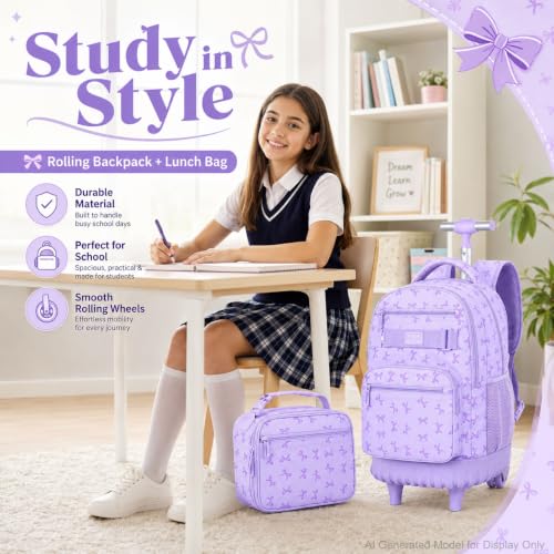 AGSDON Sophisticated Bow Print Rolling Bookbag for Girls Set – 20” Roller School Backpack with Matching Lunch Box for Travel, Commute | Water-Resistant Fashion Wheeled Organizer in Purple - color: Rolling Backpack Set - Bow Purple