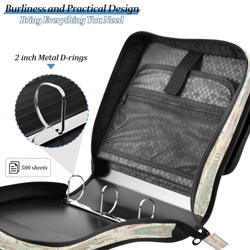 Hexagonal Floral Quilt 3 Ring Zipper Binder with Shoulder Strap, Waterproof Nylon Binder Bag, 2 Inch D-Rings 800 Sheet Capacity Opens Flat File Organizer for School Office Supplies