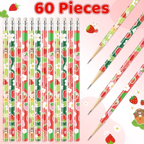 Xqumoi 60Pcs Strawberry Pencils with Eraser - Cute Fruit Theme #2 HB Pencils, School Classroom Student Rewards Back to School Office Supply Party Goodie Bag Fillers Stuffers Birthday Party Favors - style: Strawberry