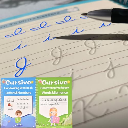 2 Pack Grooved Cursive Handwriting Workbook, Reusable Grooved Handwriting Practice Set with Pens & Refills, Learn to Write Cursive Script, Perfect for Kids Ages 8-12, Teens & Adult Beginners