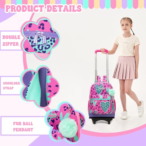 Girls Rolling Backpack for School Backpack with Wheels for Girls with Lunch Bag Cute Carry On Backpacks for Elementary Student - color: Purple Love