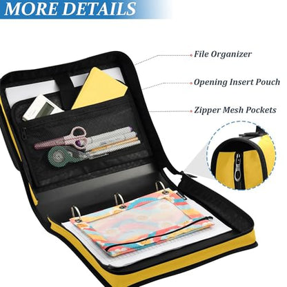 Fisyme School Bus Zipper Binder 3 Ring with Zipper and Shoulder Strap Large Capacity Multi-Pocket Zipper Binder Organizer - color: Multi-cute Yellow