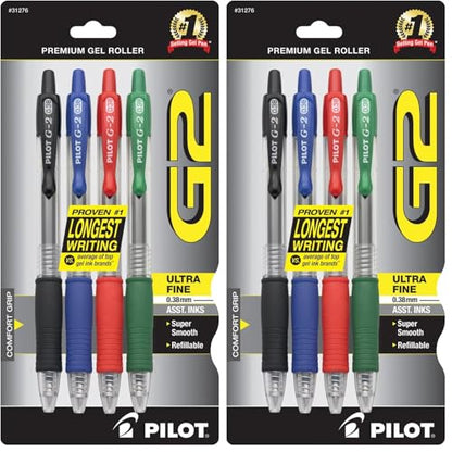 PILOT G2 Premium Refillable and Retractable Rolling Ball Gel Pens, Ultra Fine Point, Black/Blue/Red/Green Inks (31276) (Pack of 8) - size: 8-Pack Assorted
