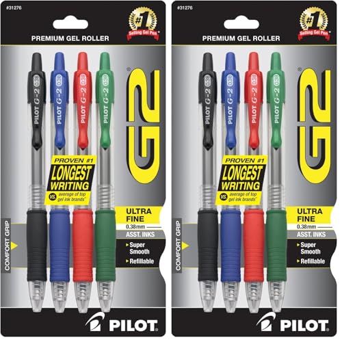 PILOT G2 Premium Refillable and Retractable Rolling Ball Gel Pens, Ultra Fine Point, Black/Blue/Red/Green Inks (31276) (Pack of 8) - size: 8-Pack Assorted