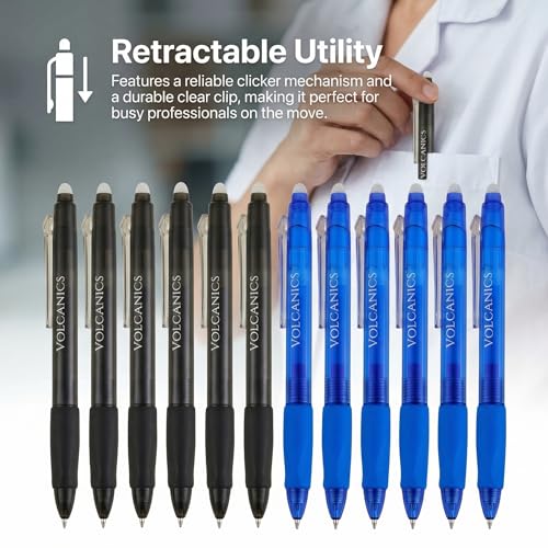 Volcanics Retractable Clicker Erasable Gel Pens - 0.7mm Ball Point, Heat Erase with Built-in Eraser, 36 Pack Blue and Soft Black - color: Blue and Black