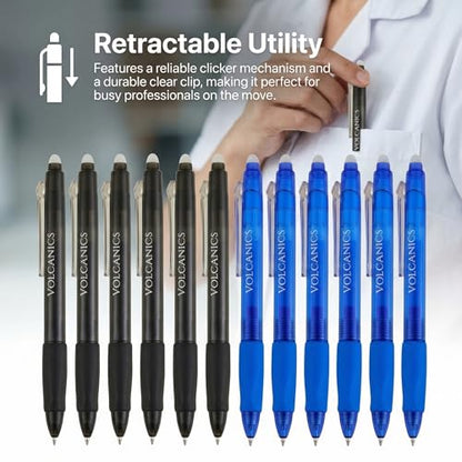 Volcanics Retractable Clicker Erasable Gel Pens - 0.7mm Ball Point, Heat Erase with Built-in Eraser, 36 Pack Blue and Soft Black - color: Blue and Black