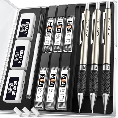 Nicpro 0.9 mm Art Mechanical Pencil Set in Storage Case, 3 PCS Metal Drafting Pencil Lead Pencil with 6 Tube HB Lead Refills, 3 Erasers, 9 PCS Eraser Refills for Artist Writing, Drawing, Sketching - style: 3 Pack (0.9mm)