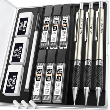 Nicpro 0.9 mm Art Mechanical Pencil Set in Storage Case, 3 PCS Metal Drafting Pencil Lead Pencil with 6 Tube HB Lead Refills, 3 Erasers, 9 PCS Eraser Refills for Artist Writing, Drawing, Sketching - style: 3 Pack (0.9mm)