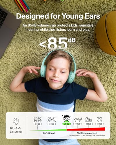 Belkin SoundForm Mini - Wireless Bluetooth Kids Headphones, 30H Battery, 85dB Safe Volume Limit, Built-in Microphone - Toddler On-Ear Earphones for iPhone, iPad, Fire Tablet, Ideal for School - Mint - color: Mint, style: Wireless (USB-C)